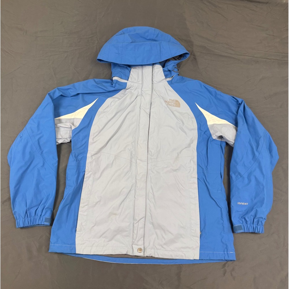 The North Face HyVent Rain Jacket Womens XL Blue Grey Colorblock Hooded Shell
